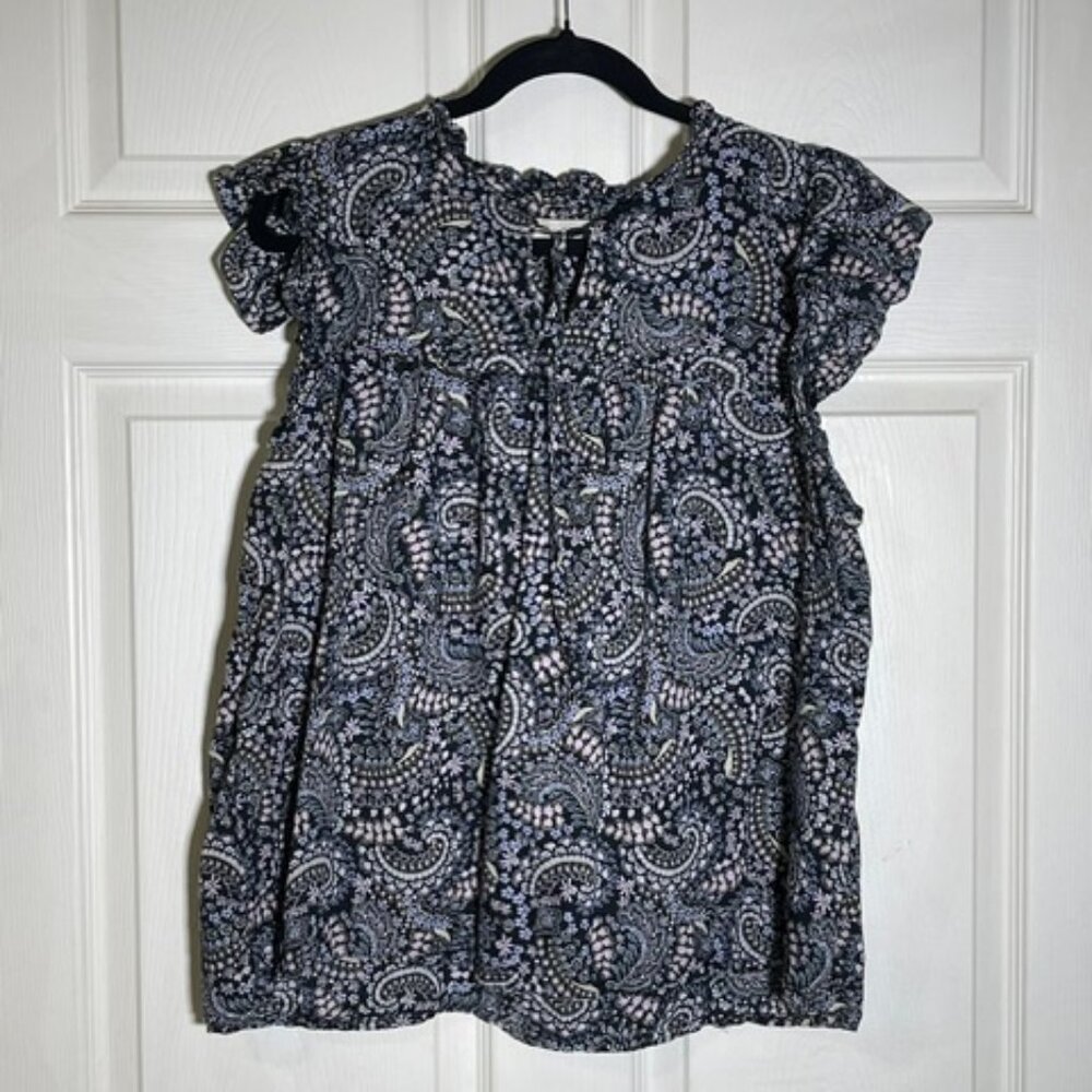 LOFT Sleeveless Paisley Blouse Black White Casual Top Wome
